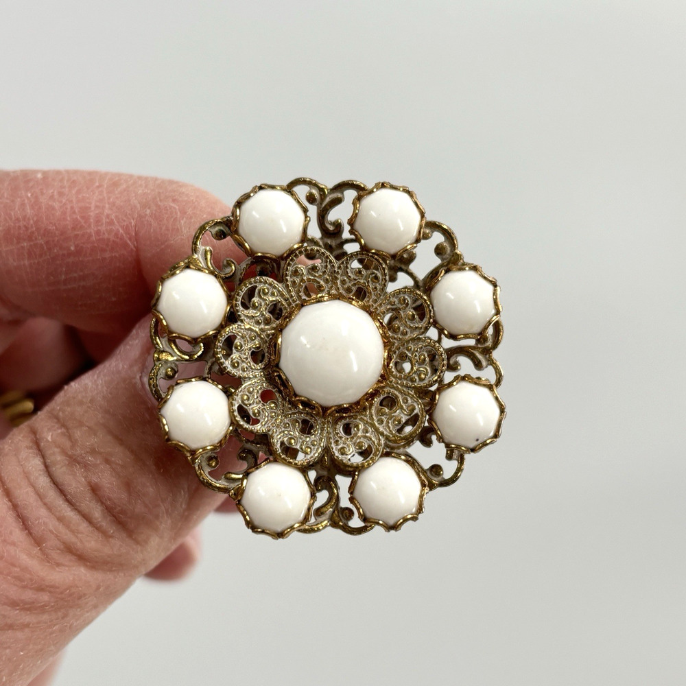 Vintage Brooch Pin White Milk Glass Cabachon Gold Tone Filigree MCM